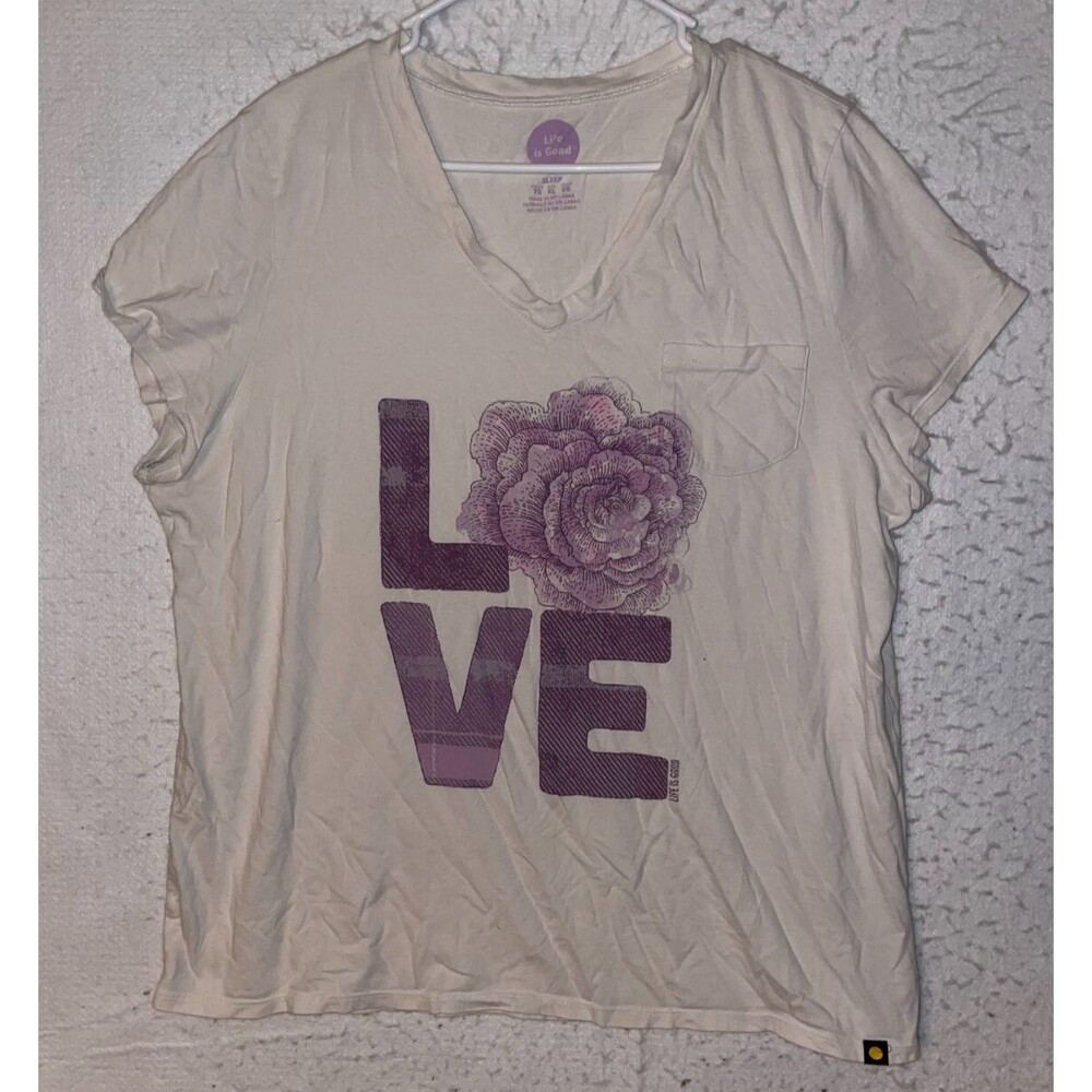 Life is Good Short Sleeve V-Neck Sleep T-Shirt LOVE Pocket White Purple Flower